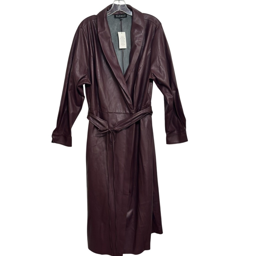 Eloquii Wrap Dress Women Burgundy Vegan Faux Leather Shawl Collar Fall Chic 24